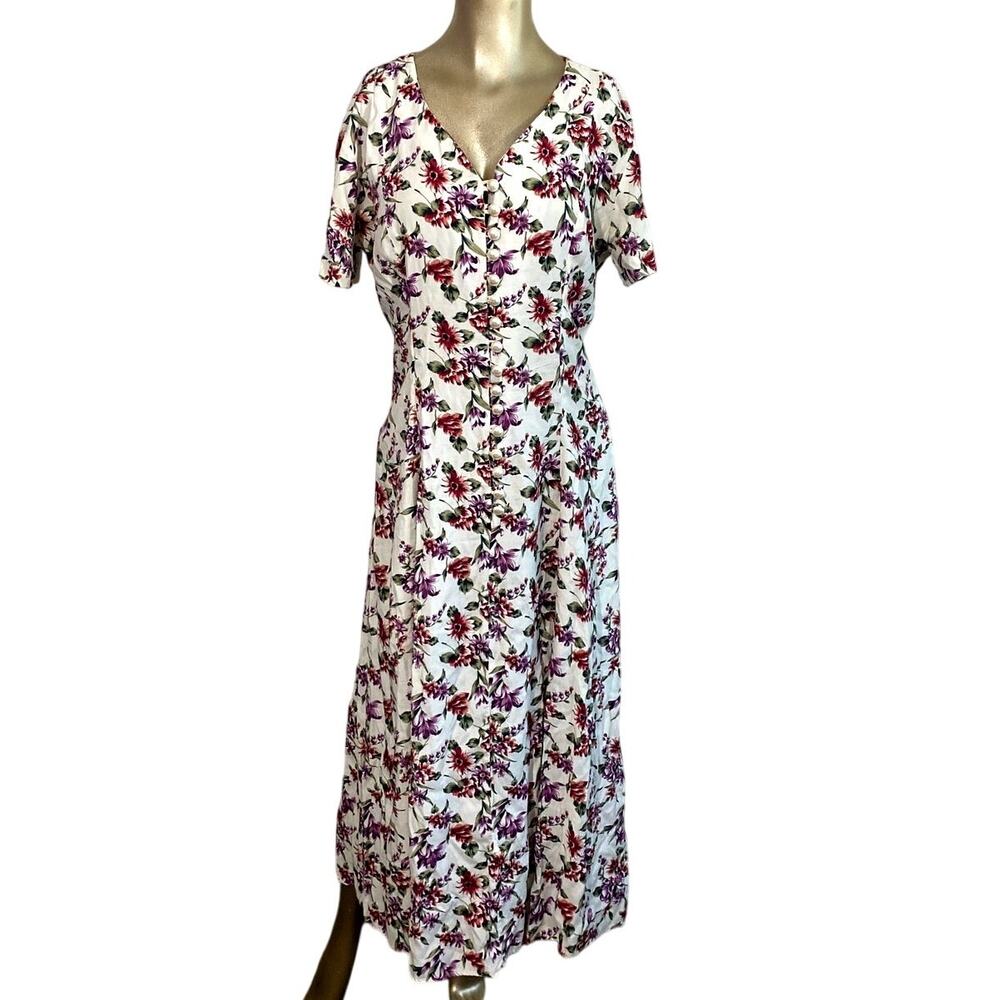 VTG DBY Ltd Floral Maxi Midi Dress JR Size 13 Pearl Button Double Slit 90s